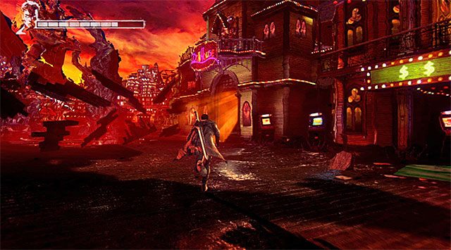 Nie licz na to, że bossowi znudzi się wyprowadzanie dystansowych ataków i nie próbuj ostrzeliwać go z pistoletów, bo chwilowo jest on nieśmiertelny - Przeprawa przez pierwszą część lunaparku | 1 - Found (Odnaleziony) - DMC: Devil May Cry - poradnik do gry