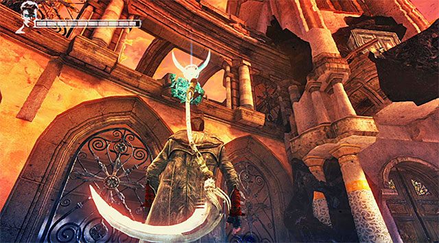 Po wygranej bitwie zlokalizuj pokazany na powyższym screenie interaktywny zaczep i złap się go z pomocą anielskiej wyciągarki (Ophion Angel Lift) - Odnalezienie niebieskiej róży | 3 - Bloodline (Więzy krwi) | DMC Devil May Cry - DMC: Devil May Cry - poradnik do gry