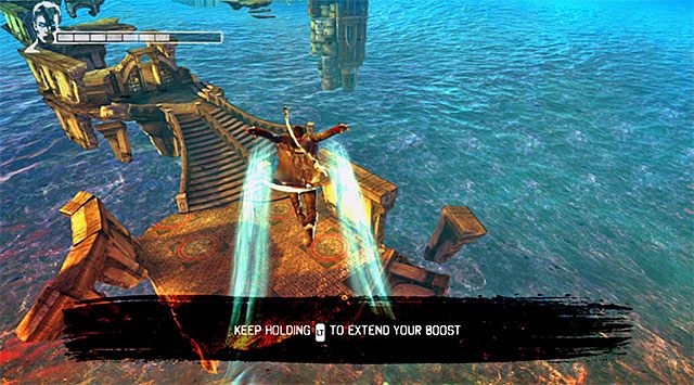 Powtórz ten sam manewr z kolejnymi platformami, przy czym zgodnie z podpowiedzią gry pamiętaj o odpalaniu anielskiego przyśpieszenia w najwyższym punkcie skoku, dzięki czemu maksymalnie wydłużysz lot Dantego - Pierwsze wspomnienie | 3 - Bloodline (Więzy krwi) | DMC Devil May Cry - DMC: Devil May Cry - poradnik do gry