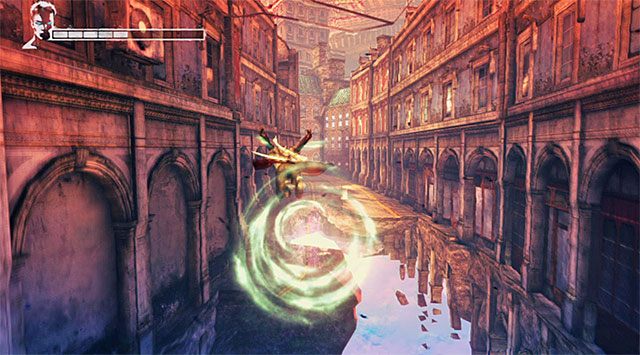 Kat przebywa w tym samym miejscu co wcześniej, czyli przy dużej przepaści sąsiadującej z areną - Dotarcie do miejsca pobytu Kat | 3 - Bloodline (Więzy krwi) | DMC Devil May Cry - DMC: Devil May Cry - poradnik do gry