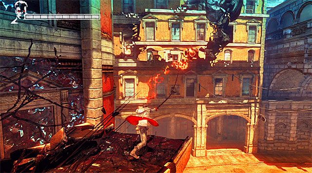 Powróć na platformę, z której doskakiwałeś przed chwilą do zagubionej duszy - Zniszczenie pierwszej kamery | 4 - Under Watch (Pod obserwacją) - DMC: Devil May Cry - poradnik do gry