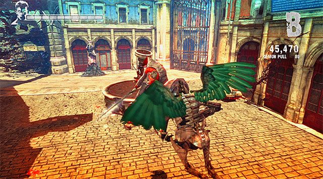 Po chwili dotrzesz do większego placu i czeka Cię tu bitwa z udziałem jeszcze jednej odmiany latających kreatur (Shielded Pathos) - Dotarcie do kolejnych kamer | 4 - Under Watch (Pod obserwacją) - DMC: Devil May Cry - poradnik do gry