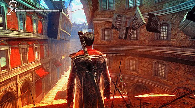 Powróć do miejsca, w którym niszczyłeś winorośla, ustawiając się w pokazanej na powyższym screenie pozycji - Zniszczenie drugiej kamery | 4 - Under Watch (Pod obserwacją) - DMC: Devil May Cry - poradnik do gry