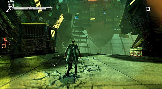 Po wylądowaniu na niewielkiej platformie znajdziesz się przy jeszcze jednym rozwidleniu i dla zachowania pewnej ciągłości warto ponownie wybierać lewe platformy, przesuwając je z pomocą demonicznej przyciągarki - Przeprawa przez pierwszy magazyn | 5 - Virility | DMC Devil May Cry - DMC: Devil May Cry - poradnik do gry