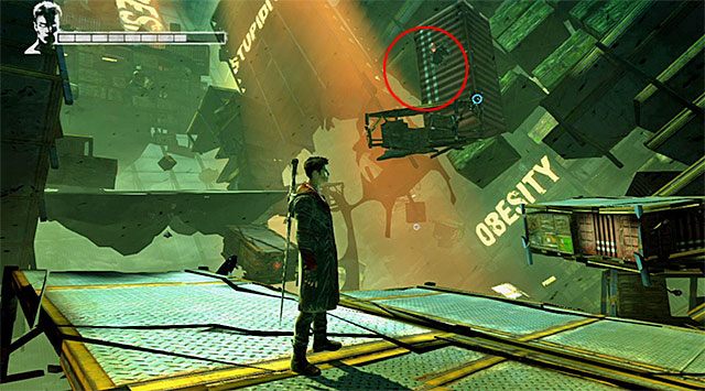 Rozejrzyj się po okolicy, docierając na pokazaną na powyższym screenie mniejszą półkę - Przeprawa przez pierwszy magazyn | 5 - Virility | DMC Devil May Cry - DMC: Devil May Cry - poradnik do gry