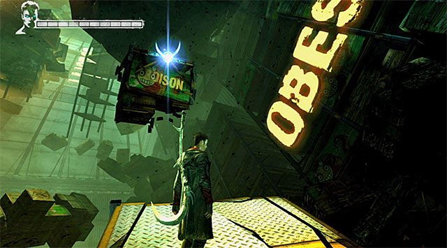 Kolejny krok to skorzystanie w pokazanym na powyższym screenie miejscu z anielskiej wyciągarki (Ophion Angel Lift) - Przeprawa przez pierwszy magazyn | 5 - Virility | DMC Devil May Cry - DMC: Devil May Cry - poradnik do gry