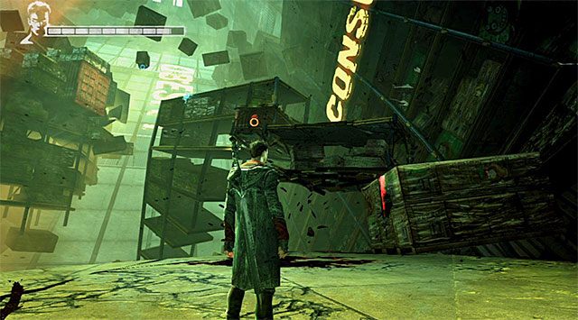 Możesz się teraz zachować na dwa sposoby, a mianowicie wznowić przeprawę przez prawą część magazynu lub wybrać się do lewej części magazynu dzięki rozerwaniu nowego dużego tworu - Przeprawa przez pierwszy magazyn | 5 - Virility | DMC Devil May Cry - DMC: Devil May Cry - poradnik do gry