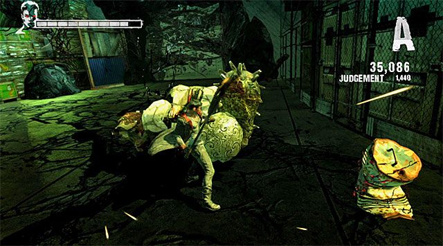 W drugiej części bitwy najpoważniejszym zagrożeniem będzie nowy Tyrant, czyli potwór, z którym miałeś już okazję spotkać się w końcówce poprzedniej misji - Główna bitwa w pierwszym magazynie | 5 - Virility | DMC Devil May Cry - DMC: Devil May Cry - poradnik do gry