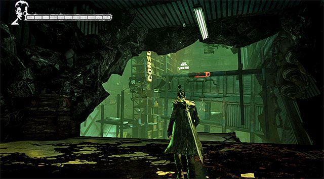 Zeskocz na dół i kontynuuj podróż, uważając po drodze na demoniczne odłamki, które najlepiej jest zniszczyć z użyciem pistoletów - Dotarcie do drugiego magazynu | 5 - Virility | DMC Devil May Cry - DMC: Devil May Cry - poradnik do gry