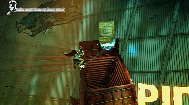 Błyskawicznie skorzystaj z anielskiej wyciągarki, tak by móc kontynuować przeprawę i chwytać się okolicznych interaktywnych zaczepów - Główna bitwa w drugim magazynie | 5 - Virility | DMC Devil May Cry - DMC: Devil May Cry - poradnik do gry