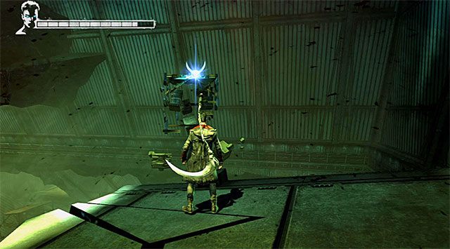 Kontynuuj przeprawę, używając anielskiej wyciągarki na pokazanym na powyższym screenie zaczepie - Główna bitwa w drugim magazynie | 5 - Virility | DMC Devil May Cry - DMC: Devil May Cry - poradnik do gry