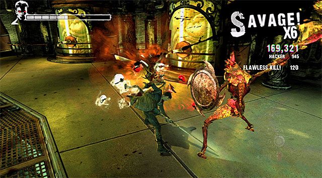 W pierwszej części bitwy do pokonania będą głównie słabsze odmiany potworów, choć uważaj na przeciwników z piłami łańcuchowymi oraz na nowego piekielnego rycerza, wykorzystując wyłącznie demoniczne bronie do zadawania mu obrażeń - Główna bitwa w mieszalni | 5 - Virility | DMC Devil May Cry - DMC: Devil May Cry - poradnik do gry