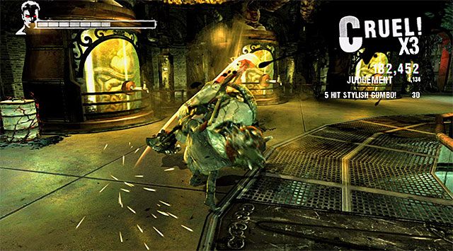 Druga część bitwy jest trudniejsza, gdyż zostaniesz równocześnie zaatakowany przez aż dwa Tyranty - Główna bitwa w mieszalni | 5 - Virility | DMC Devil May Cry - DMC: Devil May Cry - poradnik do gry