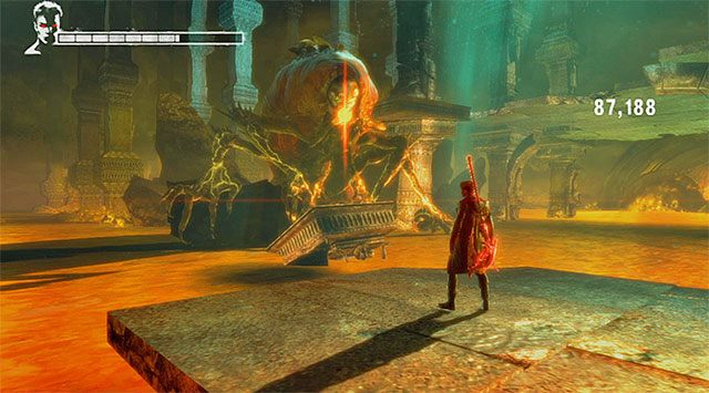 Kolejny kroki to użycie demonicznej przyciągarki na czerwonym punkcie (screen 1) i bezpośrednio na bossie (screen 2) - Boss - Succubus - druga część pojedynku | 6 - Secret Ingredient (Tajny składnik) - DMC: Devil May Cry - poradnik do gry