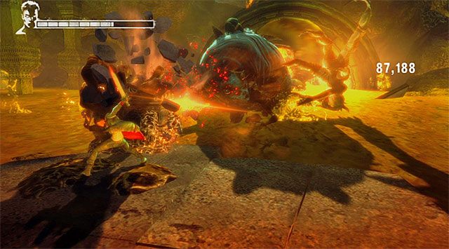 Ostatni krok to przystąpienie do atakowania (dowolna broń biała) fragmentu słupa, którego trzyma się boss - Boss - Succubus - druga część pojedynku | 6 - Secret Ingredient (Tajny składnik) - DMC: Devil May Cry - poradnik do gry