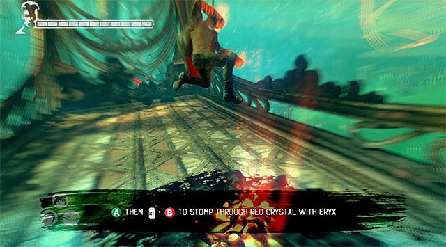 Wejdź do nowego obszaru i tym razem zwróć uwagę na czerwony punkt znajdujący się na posadzce - Dotarcie do więzienia | 7 - Overturn (Przewrót) | DMC Devil May Cry - DMC: Devil May Cry - poradnik do gry