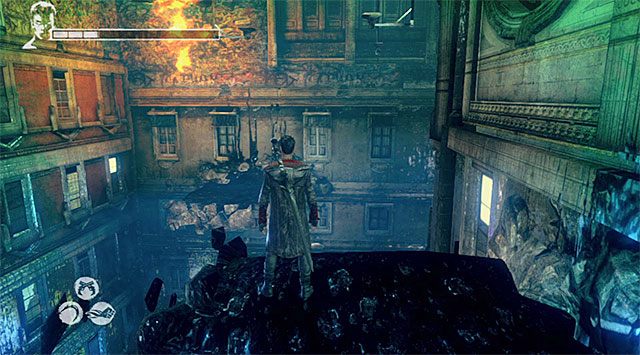 Przeleć z wykorzystaniem anielskiego przyśpieszenia na sąsiednią platformę, obróć się w lewo i raz jeszcze skorzystaj z demonicznej przyciągarki - Dotarcie do więzienia | 7 - Overturn (Przewrót) | DMC Devil May Cry - DMC: Devil May Cry - poradnik do gry