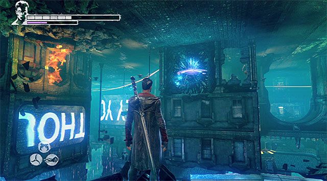 Eksplorację właściwej części więzienia rozpocznij od użycia anielskiej wyciągarki na interaktywnym zaczepie - Przeprawa przez pierwszą część więzienia | 7 - Overturn (Przewrót) - DMC: Devil May Cry - poradnik do gry