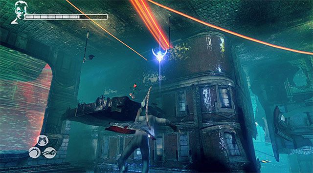 Na początek obróć się w prawo i użyj anielskiej wyciągarki do złapania się pokazanego na powyższym screenie ineraktywnego zaczepu - Przeprawa przez drugą część więzienia | 7 - Overturn (Przewrót) - DMC: Devil May Cry - poradnik do gry