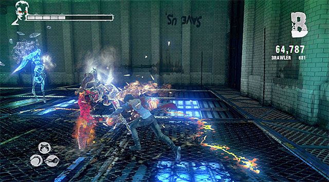 Po awansowaniu do drugiej części bitwy zastosuj zbliżony schemat działania, przy czym tym razem odłóż w czasie eliminację mroźnego rycerza - Przeprawa przez drugą część więzienia | 7 - Overturn (Przewrót) - DMC: Devil May Cry - poradnik do gry