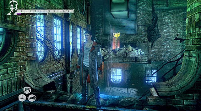 Użyj anielskiej wyciągarki na jedynym dostępnym zaczepie, przy czym nie śpiesz się z opuszczeniem magazynu - Przeprawa przez trzecią część więzienia | 7 - Overturn (Przewrót) - DMC: Devil May Cry - poradnik do gry