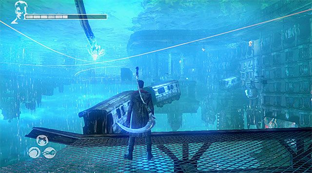 Ustaw się w pokazanym na powyższym screenie miejscu i skorzystaj z anielskiej wyciągarki - Dotarcie do jednookiego więźnia | 7 - Overturn (Przewrót) | DMC Devil May Cry - DMC: Devil May Cry - poradnik do gry