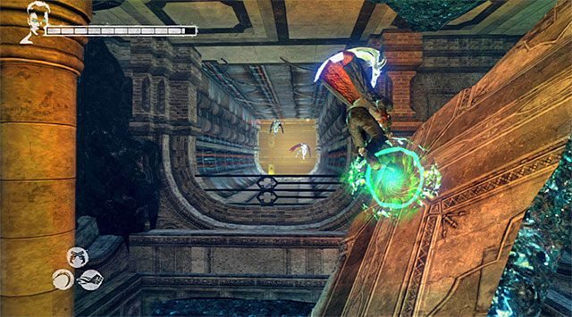 Pozostań w tym samym miejscu, albowiem po obróceniu platformy utworzony tu został pierścień przyśpieszenia - Pierwsza część pościgu za harpiami | 8 - Eyeless (Ślepiec) | DMC Devil May Cry - DMC: Devil May Cry - poradnik do gry