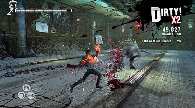 Skręć w lewo i wyrusz ku górnym poziomom, uważając na kolejne demoniczne odłamki - Powrót do miejsca startu | 8 - Eyeless (Ślepiec) | DMC Devil May Cry - DMC: Devil May Cry - poradnik do gry