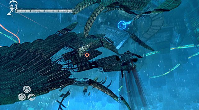 Po zakończonych walkach zlokalizuj interaktywny zaczep i zacznij używać anielskiej wyciągarki (Ophion Angel Lift) - Dotarcie do Assiel | 9 - Devil Inside (Diabeł w środku) | DMC Devil May Cry - DMC: Devil May Cry - poradnik do gry