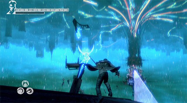 Kolejny krok to użycie anielskiej wyciągarki (Ophion Angel Lift) na znajdujących się po lewej stronie interaktywnych zaczepach - Dotarcie do Boba Barbasa | 10 - Bad News (Złe wieści) | DMC Devil May Cry - DMC: Devil May Cry - poradnik do gry