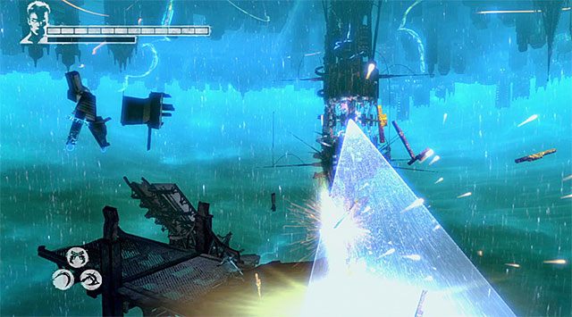 Przystąp do biegu w stronę lewej krawędzi ekranu i gdy tylko stanie się to możliwe ponownie skorzystaj z anielskiej wyciągarki z zamiarem złapania się nowego zaczepu - Dotarcie do Boba Barbasa | 10 - Bad News (Złe wieści) | DMC Devil May Cry - DMC: Devil May Cry - poradnik do gry