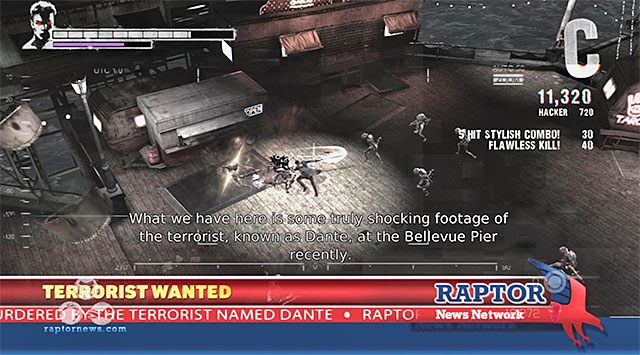 Także i ta scena jest bardzo nietypowa, albowiem jej założeniem jest staczanie bitwy podczas gdy Bob Barbas zdaje reportaż telewizyjny - Bitwa z pierwszą grupą potworów | 10 - Bad News (Złe wieści) - DMC: Devil May Cry - poradnik do gry