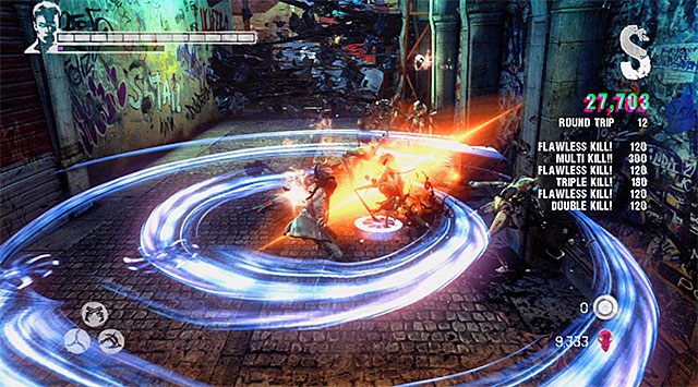 Tuż po rozpoczęciu misji przystąpisz do pierwszej bitwy i gra od razu zaproponuje ci przetestowanie zdobytych w poprzednim etapie anielskich ostrzy Aquila - Przedostanie się do wnętrza budynku Zakonu | 11 - The Order (Zakon) - DMC: Devil May Cry - poradnik do gry