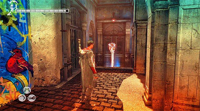 KLUCZ 1/2 (SREBRNY/ARGENT) - Klucz możesz odnaleźć w alejce niedługo po zniszczeniu pierwszej kamery i żeby uzyskać do niego dostęp musisz użyć demonicznych rękawic Eryx na ścianie z czerwonym znakiem - Klucze | SEKRETY | DMC Devil May Cry - DMC: Devil May Cry - poradnik do gry