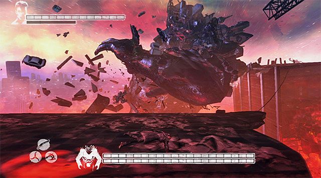 Pierwsza część pojedynku z Mundusem jest zdecydowanie najdłuższa i jej założeniem jest wyczerpanie widocznych u dołu ekranu dwóch pasków zdrowia - Boss - Mundus - pierwsza część pojedynku | 19 - Face of the Demon (Twarz demona) - DMC: Devil May Cry - poradnik do gry