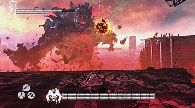 Zupełnie innym z ataków bossa jest ciskanie w stronę głównego bohatera kulami ognia - Boss - Mundus - pierwsza część pojedynku | 19 - Face of the Demon (Twarz demona) - DMC: Devil May Cry - poradnik do gry