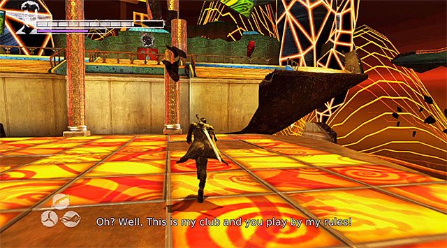 Na sam początek proponuję odwrócić się i przedostać na pokazany na powyższym screenie wyższy balkonik - Dotarcie do miejsca rozegrania pierwszej rundy | 13 - Devils Dalliance (Igraszki z diabłem) - DMC: Devil May Cry - poradnik do gry