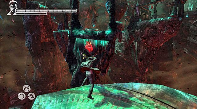 Jeżeli wybrałeś lewą ścieżkę, to wskocz na pierwszą platformę i następnie przyciągnij do siebie kolejną, wykorzystując do tego celu demoniczną przyciągarkę (Ophion Demon Pull) - Przeprawa przez pierwszą część pieca dusz | 17 - Furnace of Souls (Dusze w ogniu piekielnym) - DMC: Devil May Cry - poradnik do gry