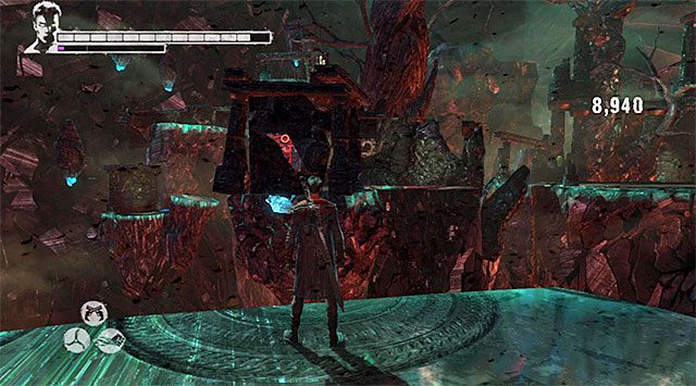 Po zakończonych walkach rozejrzyj się za pokazanym na powyższym screenie czerwonym interaktywnym punktem - Przeprawa przez pierwszą część pieca dusz | 17 - Furnace of Souls (Dusze w ogniu piekielnym) - DMC: Devil May Cry - poradnik do gry