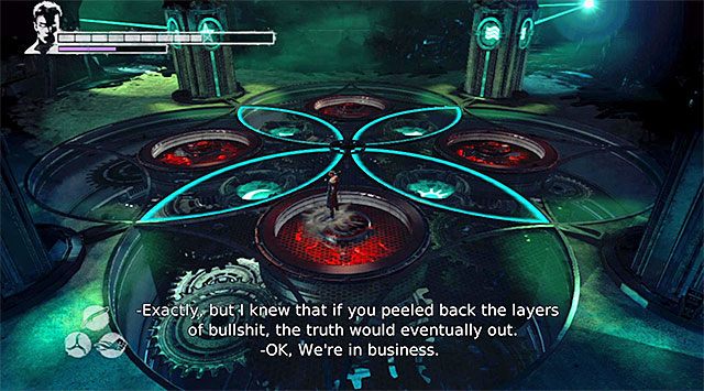 Celem zagadki jest dopasowanie znaków do czterech wysuniętych generatorów, czyli przykładowo gwiazda musi znaleźć się przy generatorze z takim samym znakiem - Podłączenie przewodów zasilających | 18 - Demons Den (Kryjówka demona) - DMC: Devil May Cry - poradnik do gry