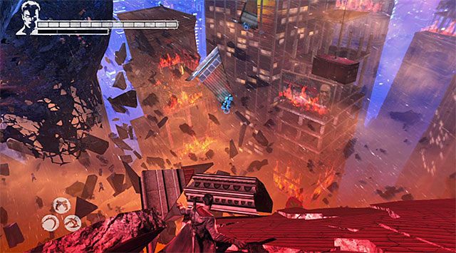 Przygotuj się, bo tuż po odzyskaniu kontroli nad głównym bohaterem zmuszony zostaniesz do kilkukrotnego użycia anielskiej wyciągarki, chwytając się kolejnych zaczepów i na koniec pierścienia przyśpieszenia, od którego należy się oczywiście odbić - Dotarcie do miejsca stoczenia pojedynku z Mundusem | 19 - Face of the Demon (Twarz demona) - DMC: Devil May Cry - poradnik do gry