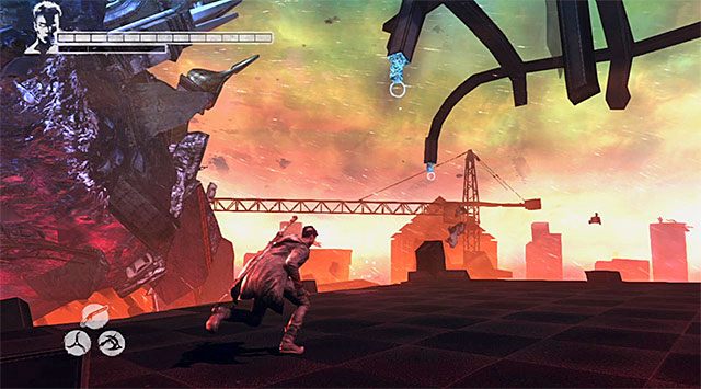 Zaczekaj aż zostaniesz przetransportowany na nowy dach i ponownie zacznij korzystać z anielskiej wyciągarki (zaczep i pierścień przyśpieszenia) - Dotarcie do miejsca stoczenia pojedynku z Mundusem | 19 - Face of the Demon (Twarz demona) - DMC: Devil May Cry - poradnik do gry