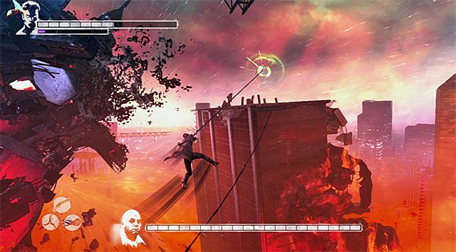 Druga część pojedynku z Mundusem jest już na szczęście o wiele prostsza od poprzedniej, choć tak samo jak wcześniej musisz być gotowy do przemieszczania się w razie potrzeby pomiędzy sąsiadującymi ze sobą dachami budynków - Boss - Mundus - druga część pojedynku | 19 - Face of the Demon (Twarz demona) - DMC: Devil May Cry - poradnik do gry