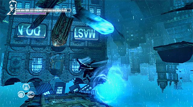 Zlokalizuj znajdujący się w okolicy nowy interaktywny zaczep i złap się go z pomocą anielskiej wyciągarki, przy czym musisz tu dodatkowo użyć anielskiego przyśpieszenia, bo tylko w taki sposób bezpiecznie wylądujesz na nowej półce - Powrót do Phineasa | 9 - Devil Inside (Diabeł w środku) | DMC Devil May Cry - DMC: Devil May Cry - poradnik do gry