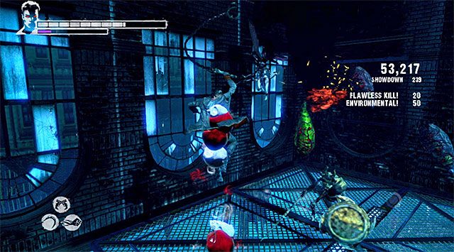 Tutejsza bitwa nie jest łatwa do wygrania, gdyż musisz mieć na uwadze brakujące fragmenty posadzki, nie dając się zepchnąć w przepaść i nie walcząc w powietrzu w tych miejscach, w których nie masz pod sobą stabilnego podłoża - Powrót do Phineasa | 9 - Devil Inside (Diabeł w środku) | DMC Devil May Cry - DMC: Devil May Cry - poradnik do gry