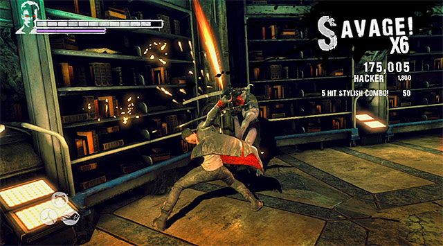 Na zadawanie wspomnianemu przeciwnikowi obrażeń najlepiej jest decydować się po każdym jego nieudanym ataku następującym po teleportacji (powyższy screen) - Główna bitwa w bazie Zakonu | 11 - The Order (Zakon) | DMC Devil May Cry - DMC: Devil May Cry - poradnik do gry