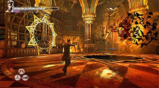 Czwarta część bitwy również nie jest trudna, choć musisz efektownie wykorzystywać posiadane pistolety, dążąc do skutecznego niszczenia demonicznych odłamków - Główna bitwa w serwerowni | 12 - Under Siege (Oblężenie) | DMC Devil May Cry - DMC: Devil May Cry - poradnik do gry