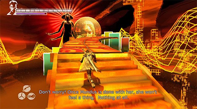 O wiele lepiej jest wybrać pokazaną na powyższym screenie górną ścieżkę, do której prowadzą schody - Dotarcie do miejsca rozegrania trzeciej rundy | 13 - Devils Dalliance (Igraszki z diabłem) - DMC: Devil May Cry - poradnik do gry