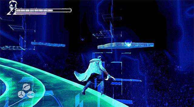 O wiele lepszym pomysłem od wybrania głównych ścieżek prowadzących do pierwszej areny jest rozglądanie się po drodze za pokazaną na powyższym screenie lewitującą platformą, chwytając się jej z wykorzystaniem anielskiej wyciągarki - Dotarcie do miejsca rozegrania piątej rundy | 13 - Devils Dalliance (Igraszki z diabłem) - DMC: Devil May Cry - poradnik do gry