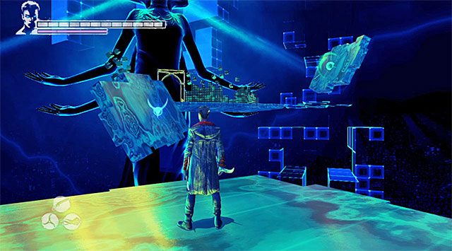 W doskonale poznany już sposób uderz rękawicami Eryx w płytę naciskową i przejdź na kolejną platformę, ustawiając się w pokazanym na powyższym screenie miejscu - Dotarcie do miejsca rozegrania piątej rundy | 13 - Devils Dalliance (Igraszki z diabłem) - DMC: Devil May Cry - poradnik do gry